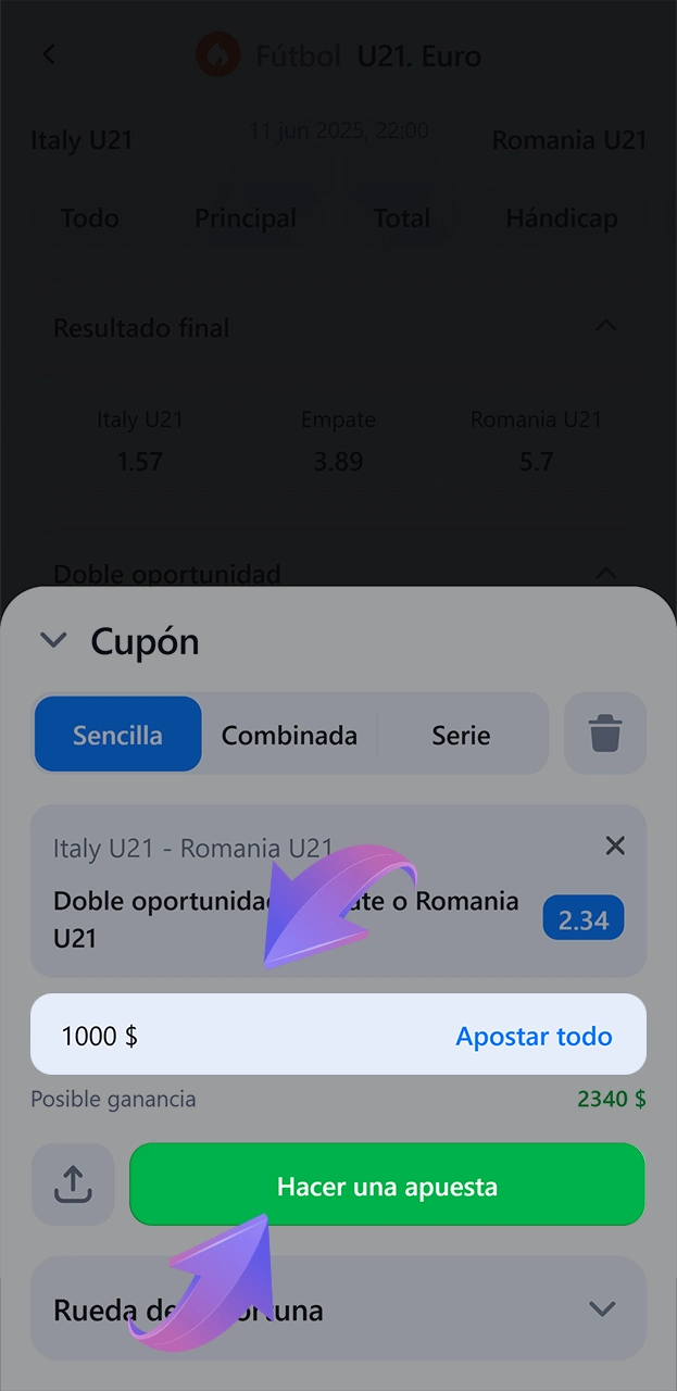 Introduzca el importe y confirme su apuesta en 1win.